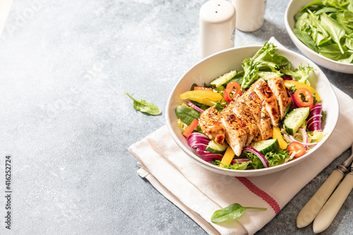 Grilled Chicken fillet with salad. Healthy food, keto diet, diet lunch concept.