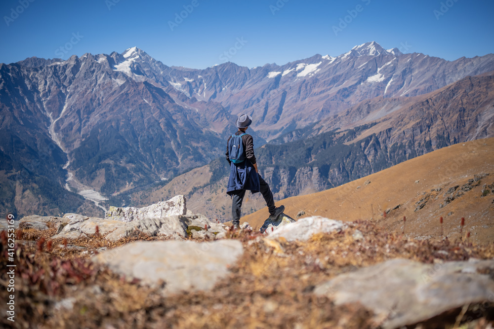 Hiker on the top of mountain in Manali Himachal Pradesh