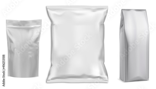 Food bag. White vector package. Food pouch foil pack. 3d sachet for snack product mockup design. Chaocolate Foil packet. Pillow bag for chips or cookie. Coffee bag, tea container