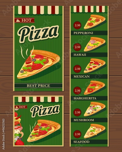 Slices of pizza and the ingredients. Pepperoni, Hawaiian, Margherita, Mexican, Seafood, Capricciosa. Isolated vector retro vintage illustration for poster, menus, logotype, brochure, presentation