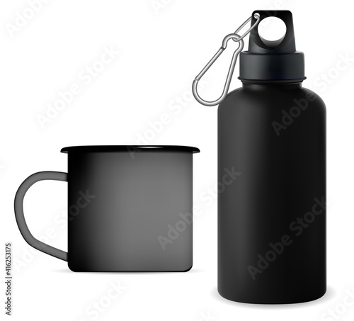 Black metal sport water bottle. Reusable camping cup moockup. Outdoor fitness thermo bottle, reusable tin template. Enamel mug retro design, realistic camping product package