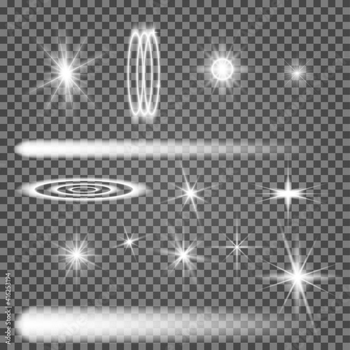 Vector star light glow. Spark shine. White flare effect illustration on transparent background. Shiny christmass sparkle. Magic sunlight ray. Special lens glitter element. Explosion burst