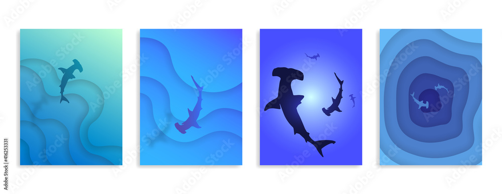 Abstract depth and 
Hammerhead sharks. Set of 4 vertical banners.