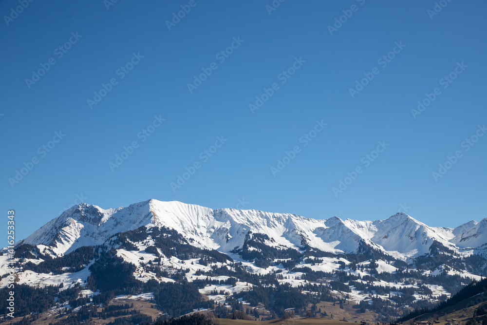 schneebedeckter Bergkamm mit verschiedenen verschneiten Gipfel aus dem Berner Oberland im Simmental
