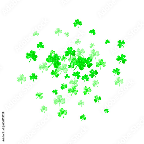Saint patricks day background with shamrock. Lucky trefoil confetti. Glitter frame of clover leaves. Template for flyer  special business offer  promo. Dublin saint patricks day backdrop.