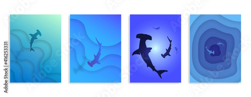 Fotografie, Obraz Abstract depth and 
Hammerhead sharks. Set of 4 vertical banners.