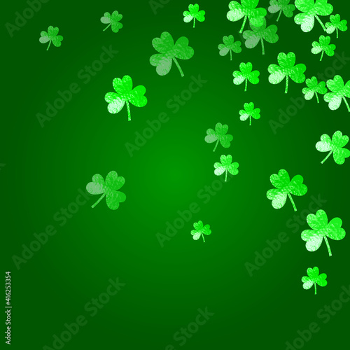Shamrock background for Saint Patricks Day. Lucky trefoil confetti. Glitter frame of clover leaves.. Template for poster, gift certificate, banner. Festive shamrock background.