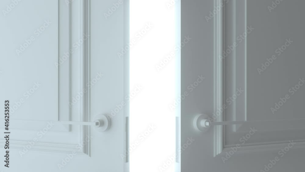 Double open white door on white background. Door opens and fills the space with bright white. Choice, business and success concept. Flight forward, entering inside the doorway. 3d animation, 4K