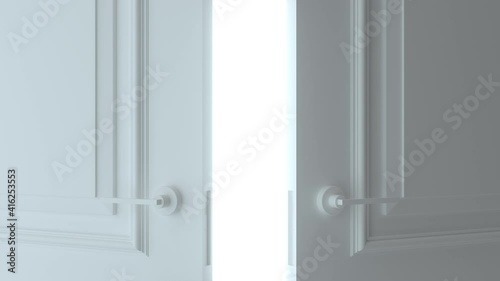 Double open white door on white background. Door opens and fills the space with bright white. Choice, business and success concept. Flight forward, entering inside the doorway. 3d animation, 4K