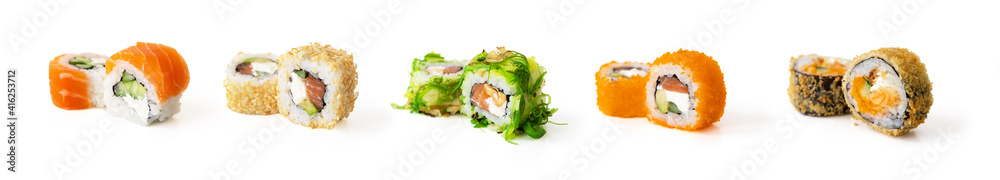 Set of sushi rolls isolated on white background
