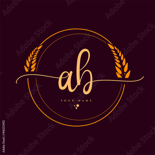 AB Initial handwriting logo. Hand lettering Initials logo branding with wreath, Feminine and luxury logo design isolated on elegant background.