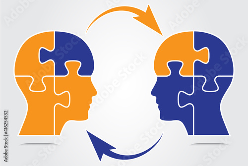 Two human heads with puzzle pieces and arrows sharing business information. Brainstorming concept vector illustration with orange and blue puzzle pieces. Information sharing, teamwork concept graphic.