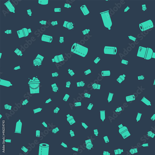 Set Paper towel roll, Condom, Bucket with soap suds and Toilet bowl on seamless pattern. Vector.