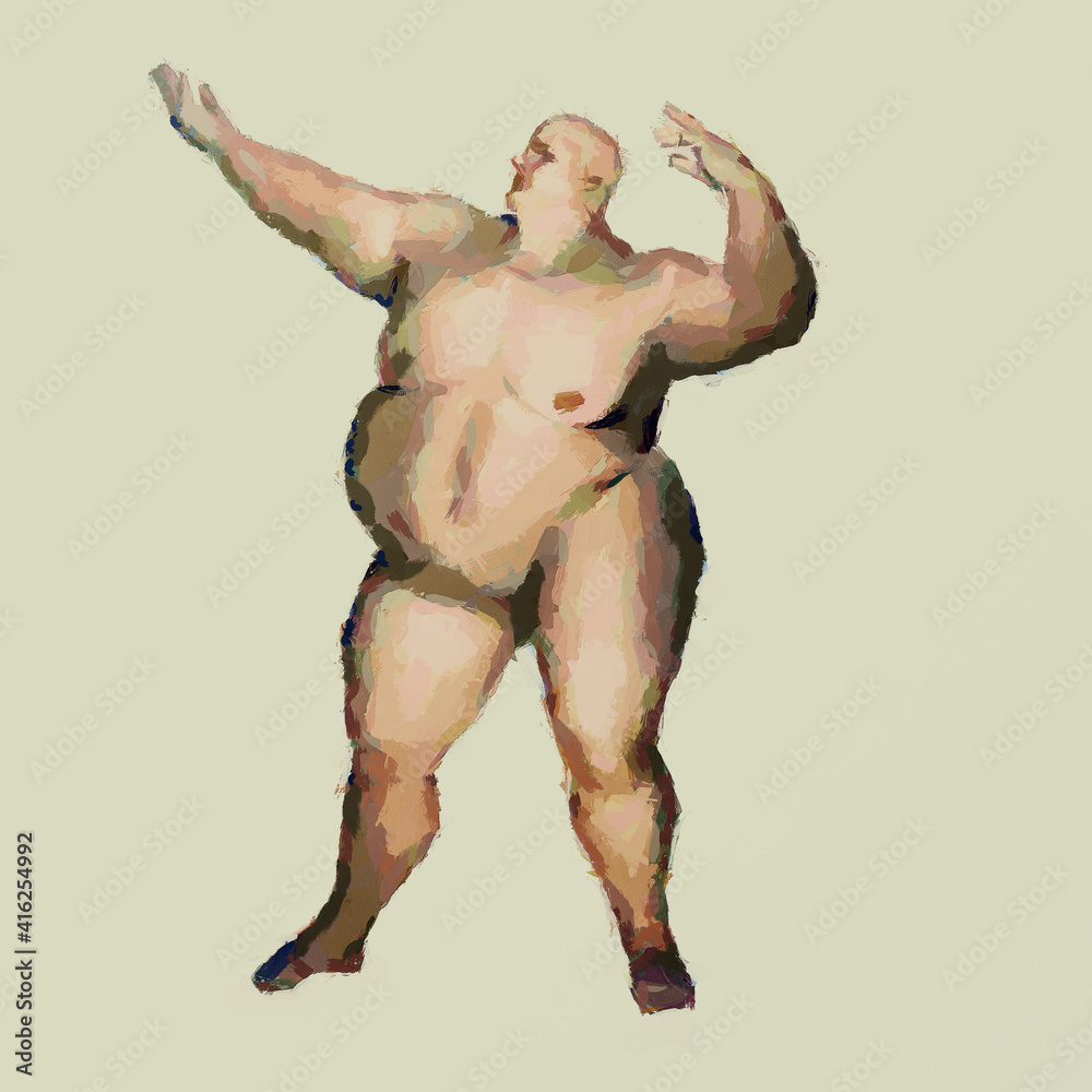 Overweight man in a beautiful pose. Self-determination. Dietetics. Unhealthy Lifestyle. Stylized full-length portrait with bold brushes Overweight man in a beautiful pose. Self-determination. Dietetics. Unhealthy Lifestyle. Stylized full-length portrait with bold brushes