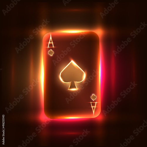 Bright neon ace of spades for casino and poker