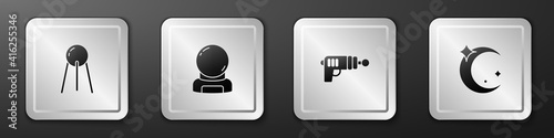 Set Satellite, Astronaut helmet, Ray gun and Moon and stars icon. Silver square button. Vector.