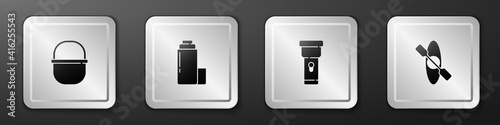 Set Camping pot, Thermos container, Flashlight and Kayak or canoe icon. Silver square button. Vector.