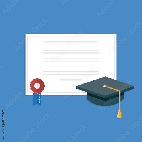 Graduation cap and diploma . Flat style vector illustration