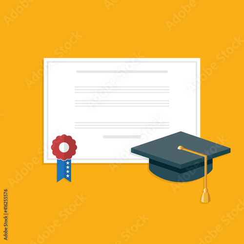 Graduation cap and diploma . Flat style vector illustration