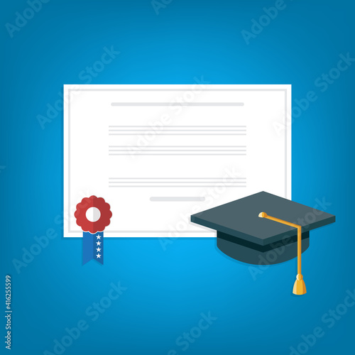 Graduation cap and diploma . Flat style vector illustration