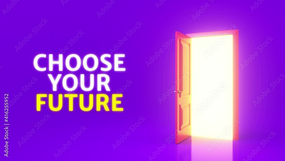 Choose your future. Yellow light inside an open pink door isolated on a purple background. Sunlight shines from door opening in dark room. Metaphor of possibilities. 3d animation, 4K Choose your future. Yellow light inside an open pink door isolated on a purple background. Sunlight shines from door opening in dark room. Metaphor of possibilities. 3d animation, 4K
