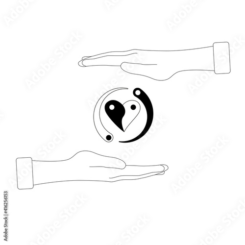 Two hands between them balance the heart. Black and white. Yin Yang. Contrast. Vector illustration.
