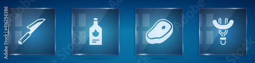 Set Knife, Tabasco sauce, Steak meat and Sausage on the fork. Square glass panels. Vector.