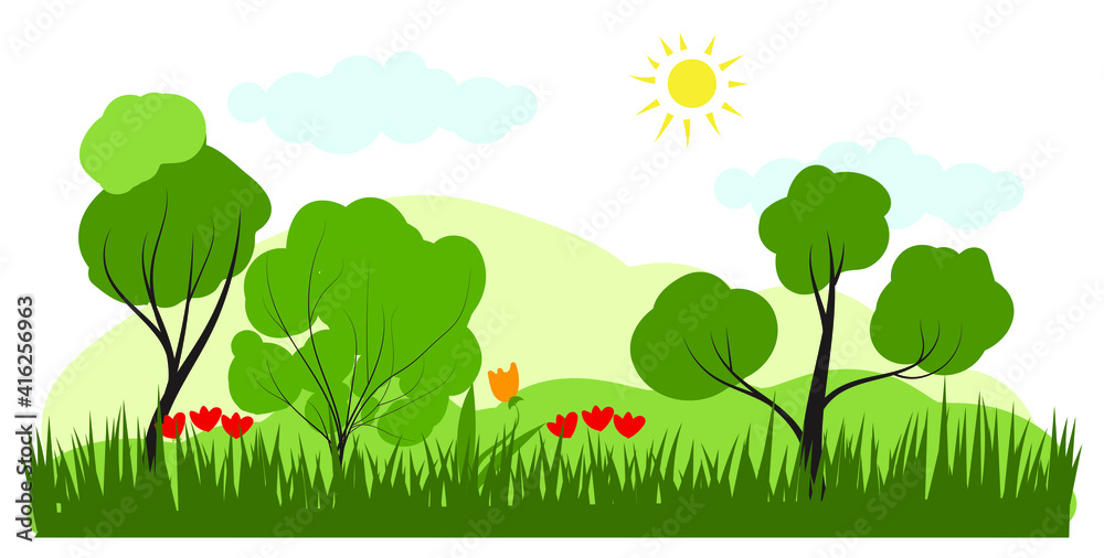Vector illustration in trendy flat simple style. forest sunny summer landscape with flowers