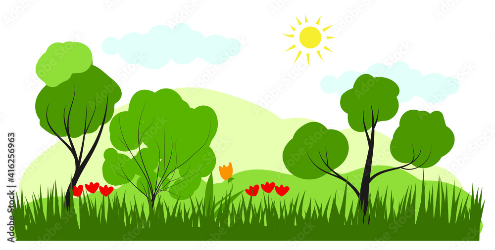 Obraz premium Vector illustration in trendy flat simple style. forest sunny summer landscape with flowers