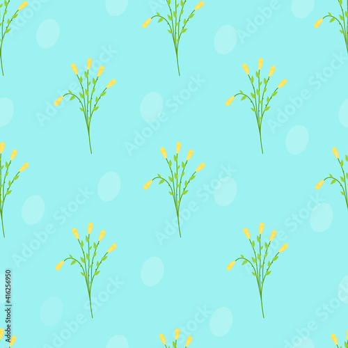 seamless endless blue pattern with bouquets of yellow flowers. Transparent drops on a distant background. Design for printing on fabric, paper. Vector illustration.