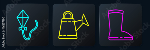 Set line Kite, Waterproof rubber boot and Watering can. Black square button. Vector.