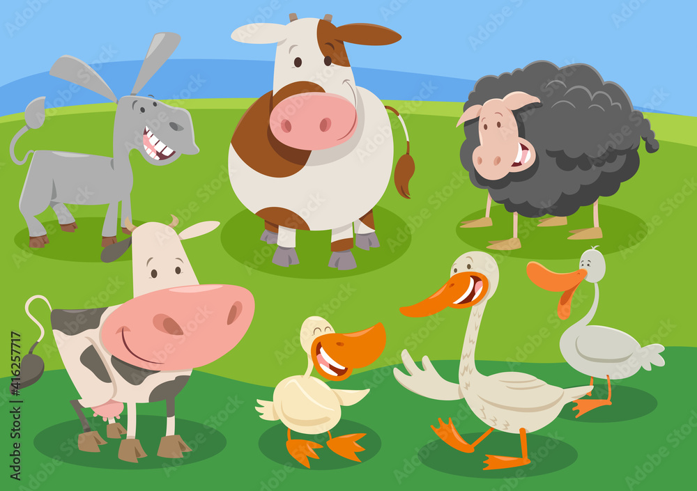cartoon farm animal characters group in the countryside cartoon farm animal characters group in the countryside