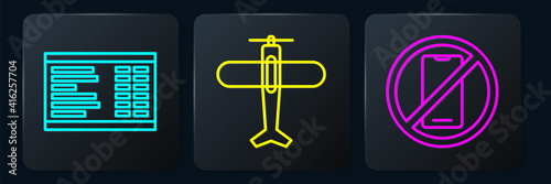 Set line Airport board, No cell phone and Plane. Black square button. Vector.