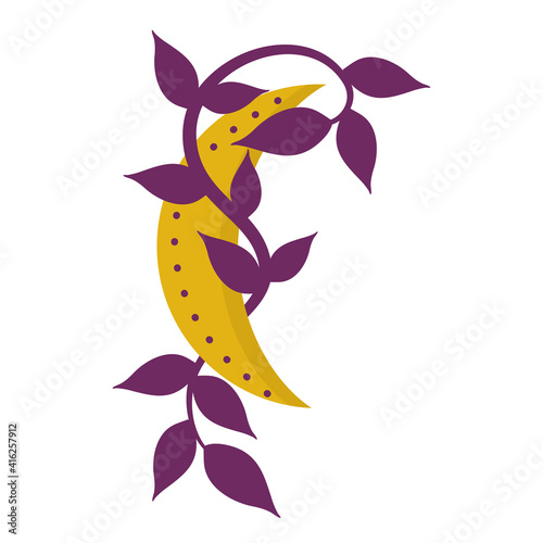 Magic moon with branch in cartoon boho style isolated on white background. Vector illustration for divination, palmistry and astrology