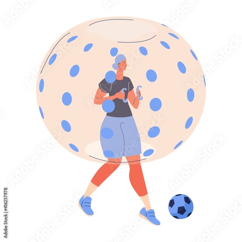 Zorb football player in ball running after soccer ball isolated on white. Vector cartoon concept character smiling