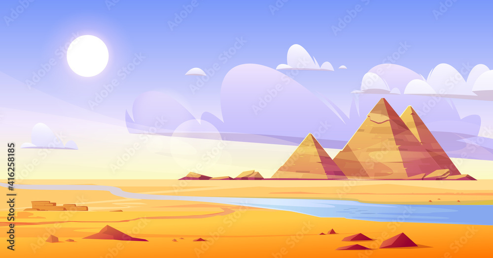 Egyptian desert with river and pyramids. Vector cartoon illustration of landscape with yellow sand dunes, blue water of Nile, ancient tombs of Egypt pharaoh, hot sun and clouds in sky
