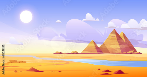 Egyptian desert with river and pyramids. Vector cartoon illustration of landscape with yellow sand dunes, blue water of Nile, ancient tombs of Egypt pharaoh, hot sun and clouds in sky