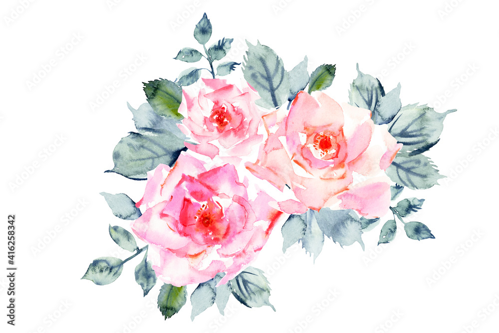 Hand drawn watercolor rose flowers in temder pink and red colors, green leaves and branches