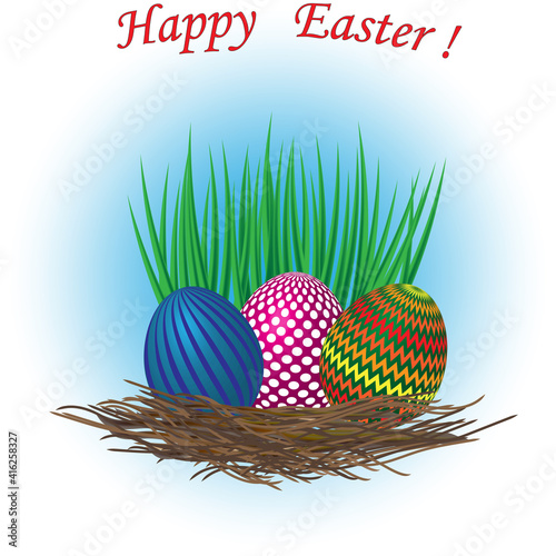 Vector image of a nest with the three Easter eggs and the grass and the text Happy Easter.