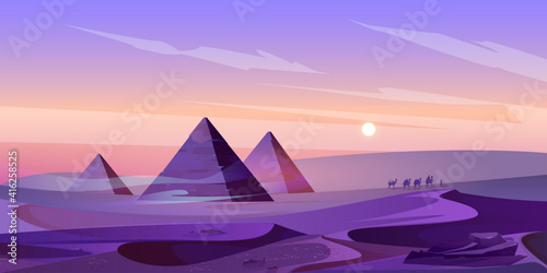 Egypt pyramids and Nile river in dusk desert, egyptian pharaoh tomb complex in Giza plateau illuminated with sunset light under purple sky. Cartoon vector ancient famous touristic african landmark