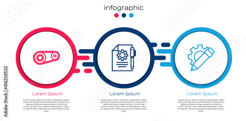 Set line Timing belt kit, Document settings and pen and Pencil gear. Business infographic template. Vector.