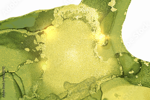 Gold and green abstract marble texture with sparkles. Vector background in alcohol ink technique with glitter. Template for banner, poster design. Fluid art painting