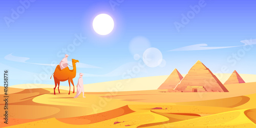 Two men and camel in Egyptian desert with pyramids. Vector cartoon illustration of landscape with arabic bedouins  yellow sand dunes  ancient pharaoh tombs and hot sun in sky