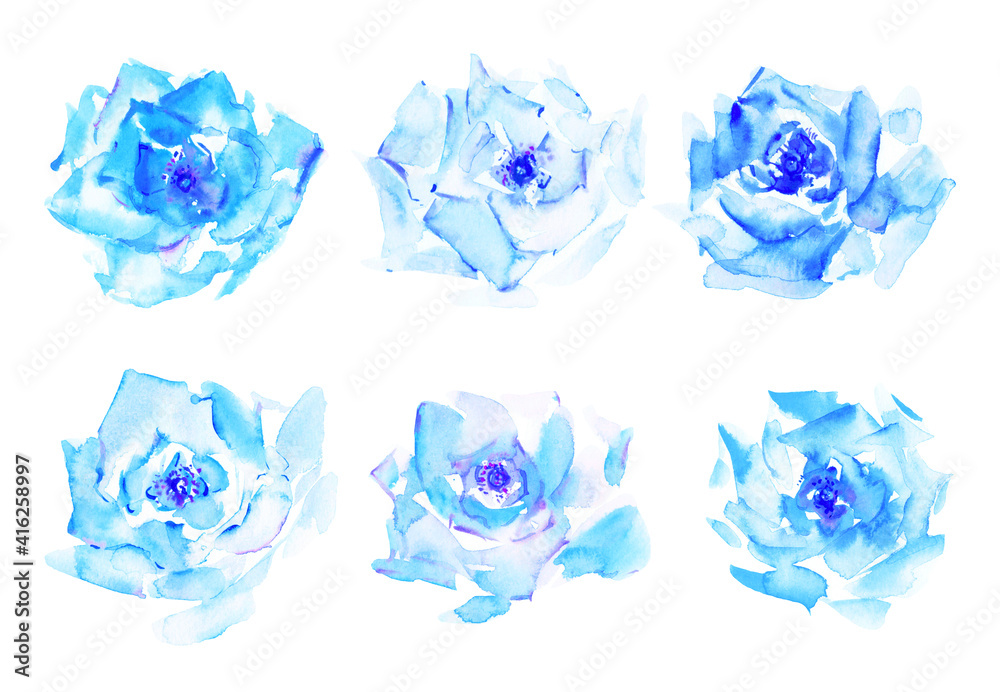 Naklejka premium Hand drawn watercolor rose flowers in blue colors