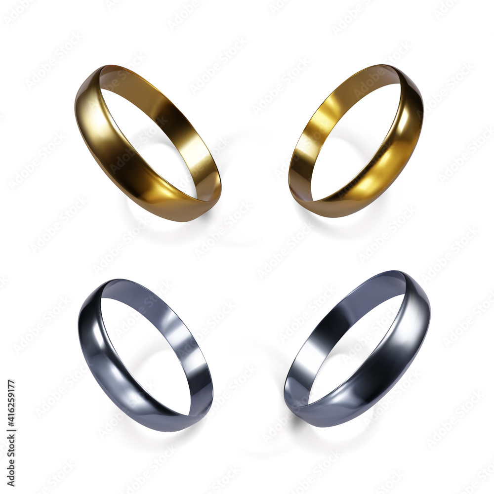 Set of gold and platinum wedding rings. 3D illustration. Couple of golden and silver rings. Vector Set of gold and platinum wedding rings. 3D illustration. Couple of golden and silver rings. Vector