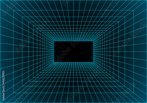 Virtual reality building inside structure. Perspective grid of empty studio. Matrix data visualization. Vector