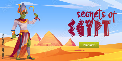 Secrets of Egypt computer game menu interface with Ra egyptian god in desert with pyramids and play now button. Ancient deity in royal pharaoh clothes holding whip and rod, Cartoon vector illustration