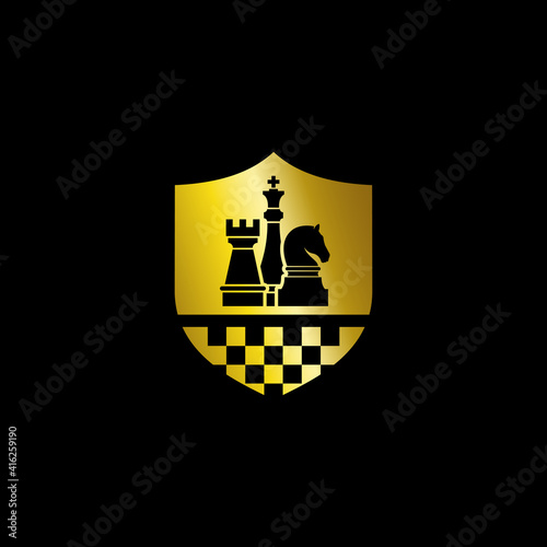 chess vector logo with a shield. fit for chess club game logo template. gold color.
