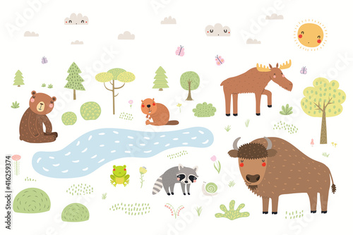 Cute wild animals, forest scene, woodland landscape, isolated elements on white background. Hand drawn vector illustration. Scandinavian style flat design. Concept kids fashion, textile print, poster