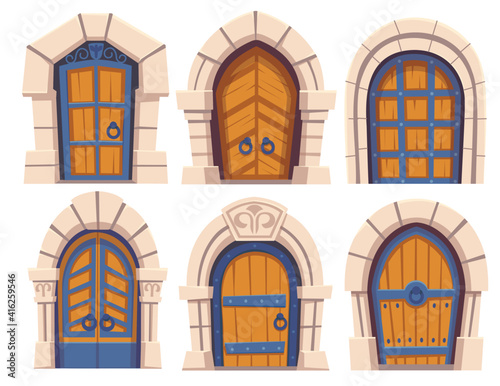 Cartoon doors, medieval castle wooden and stone arched entries to palace. Fairytale vintage building exterior elements with floral forged decoration and ring knobs, vector illustration, icons set